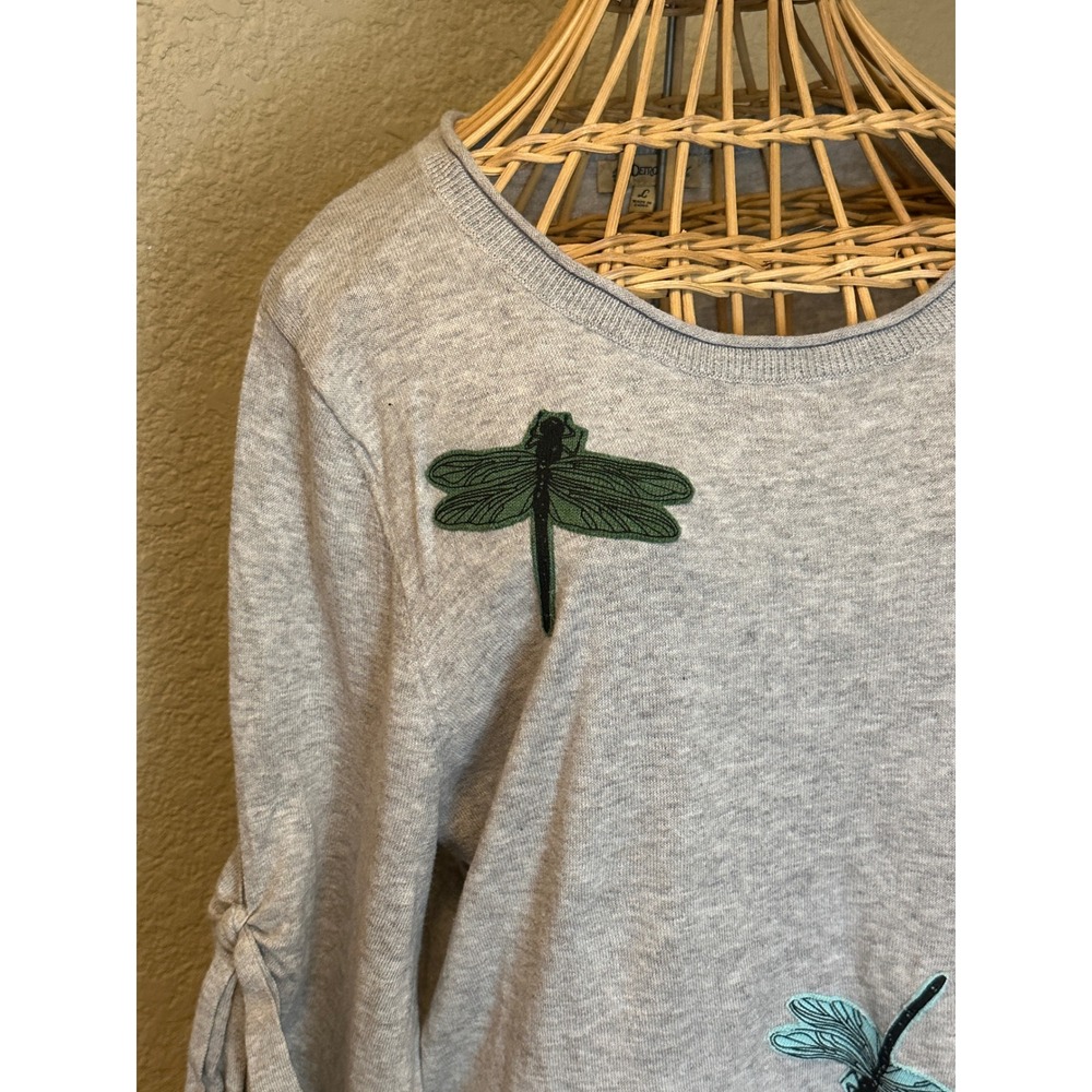 Democracy Womens Gray Dragonfly Embroidered Bell Sleeve Cotton Sweater Top L - Picture 7 of 15